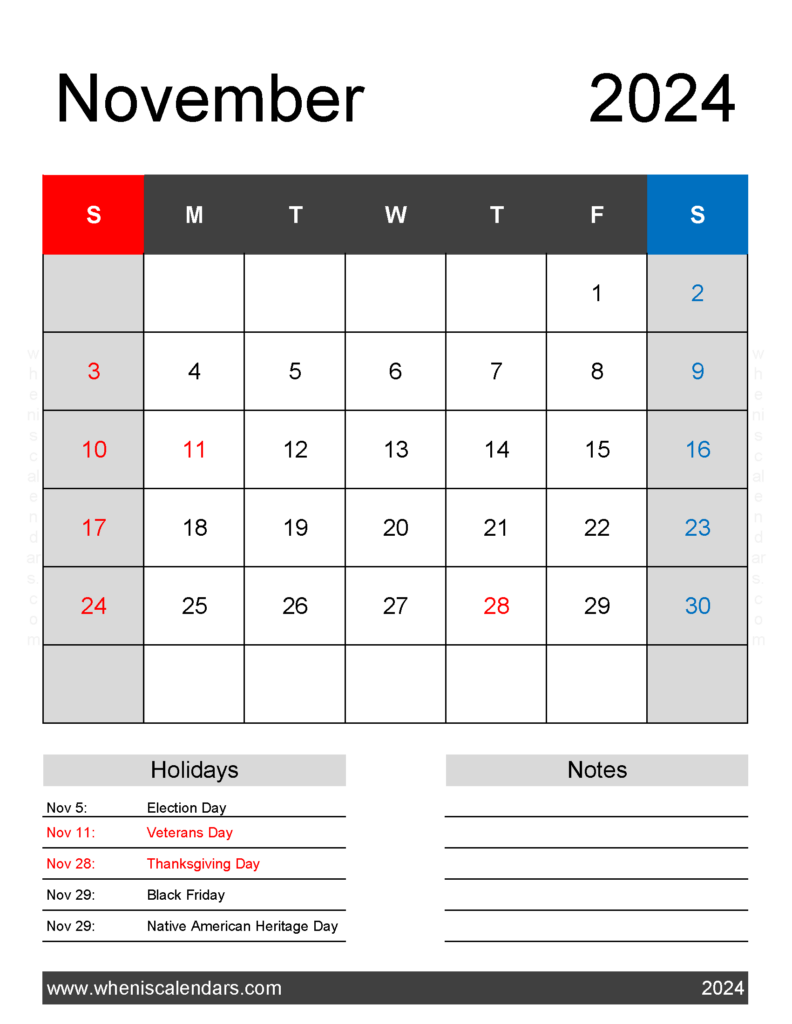 Download November 2024 Calendar Template Printable Letter Vertical 114182