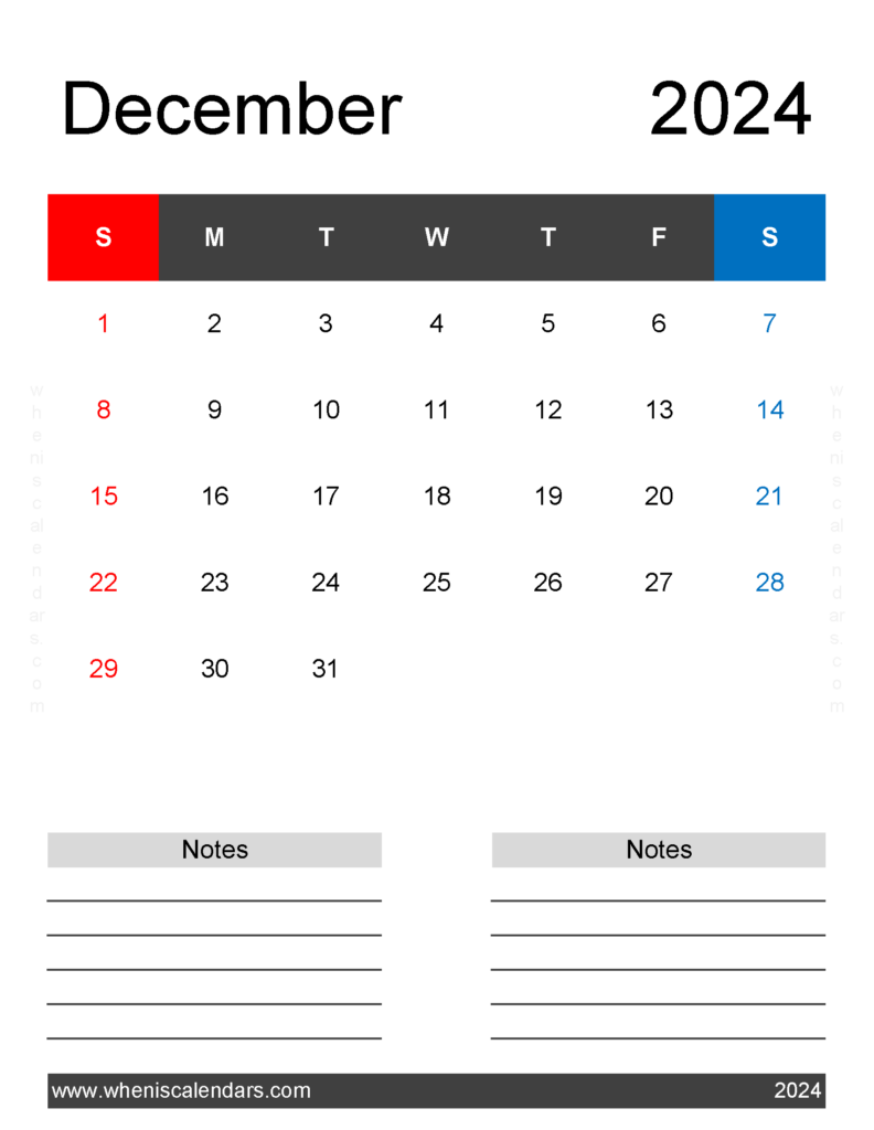 Download December 2024 Printable monthly Calendar Letter Vertical 124263