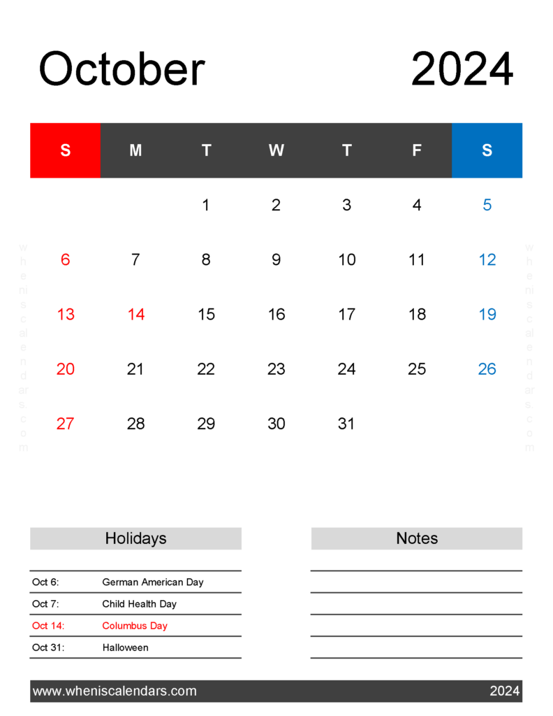 Download Free print Calendar October 2024 Letter Vertical 104183