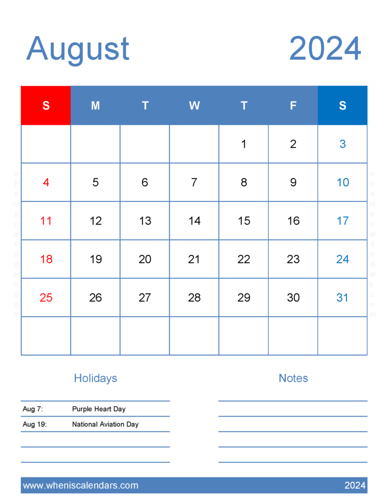 Download Blank August Calendar 2024 Printable Letter Vertical 84185