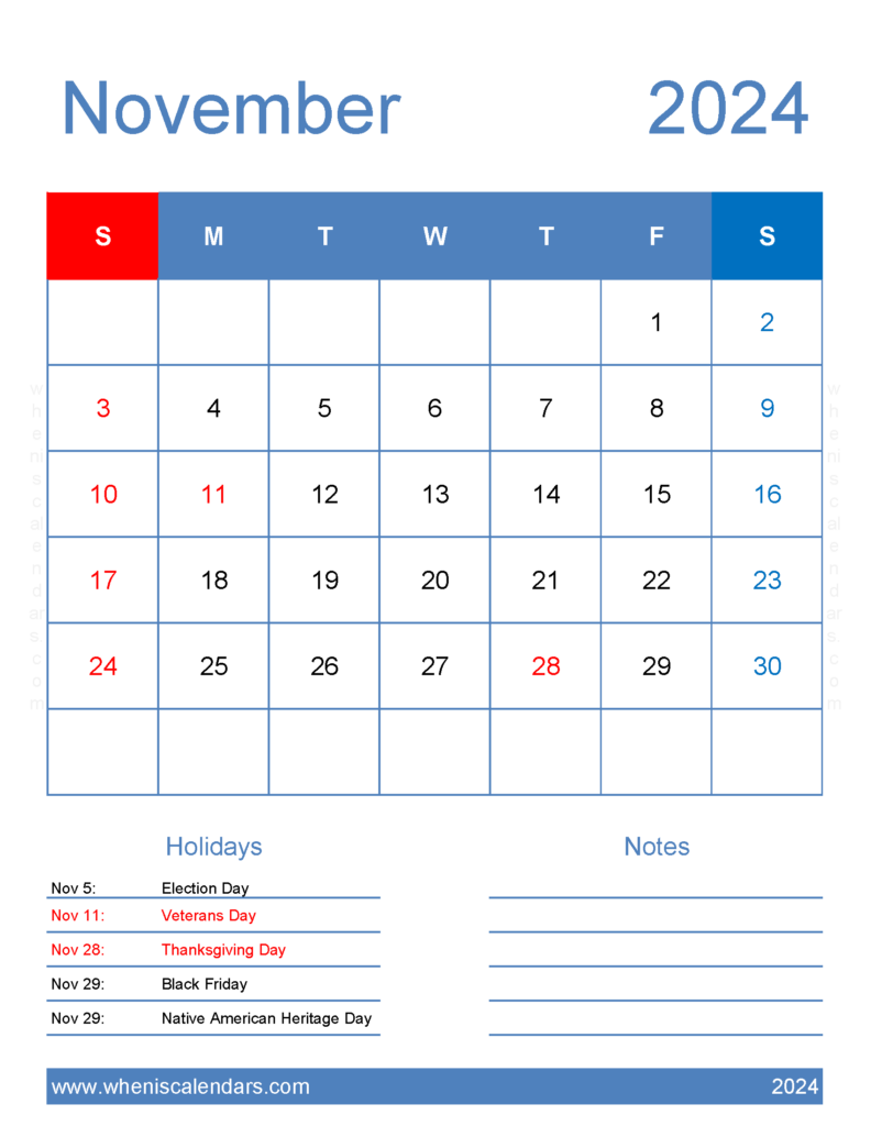 Download Blank November Calendar 2024 Printable Letter Vertical 114185