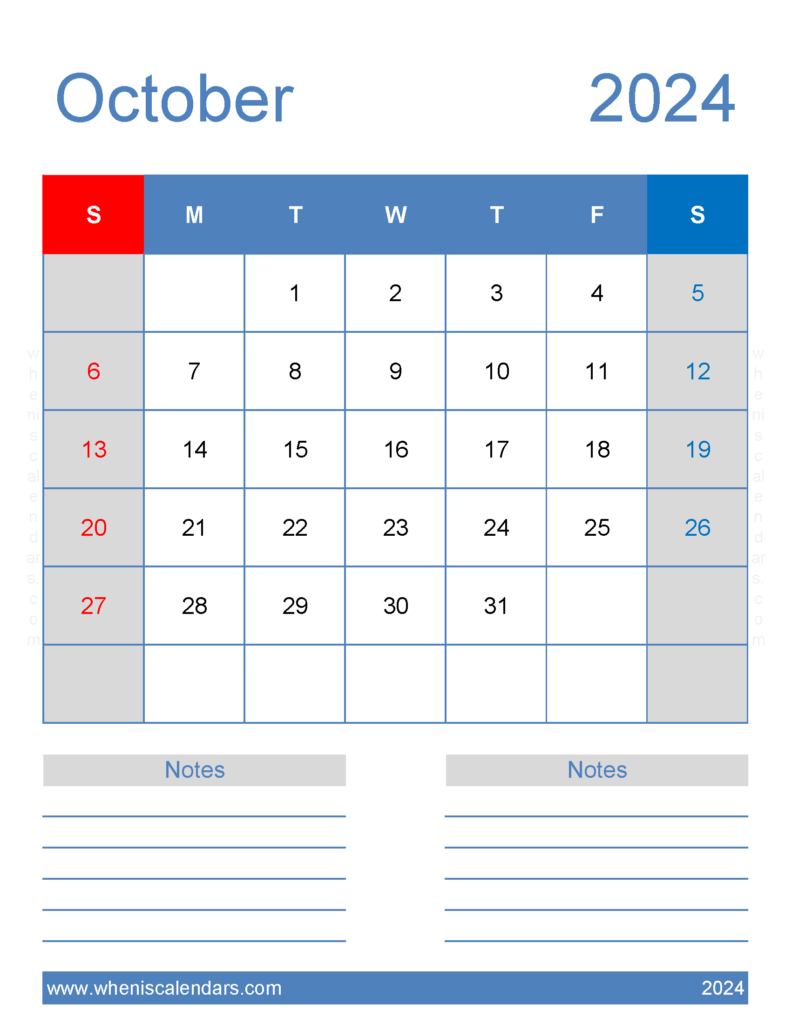 Download October 2024 Calendar with Holidays Printable Free Letter Vertical 104266