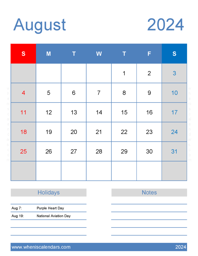 Download excel Calendar August 2024 Letter Vertical 84186