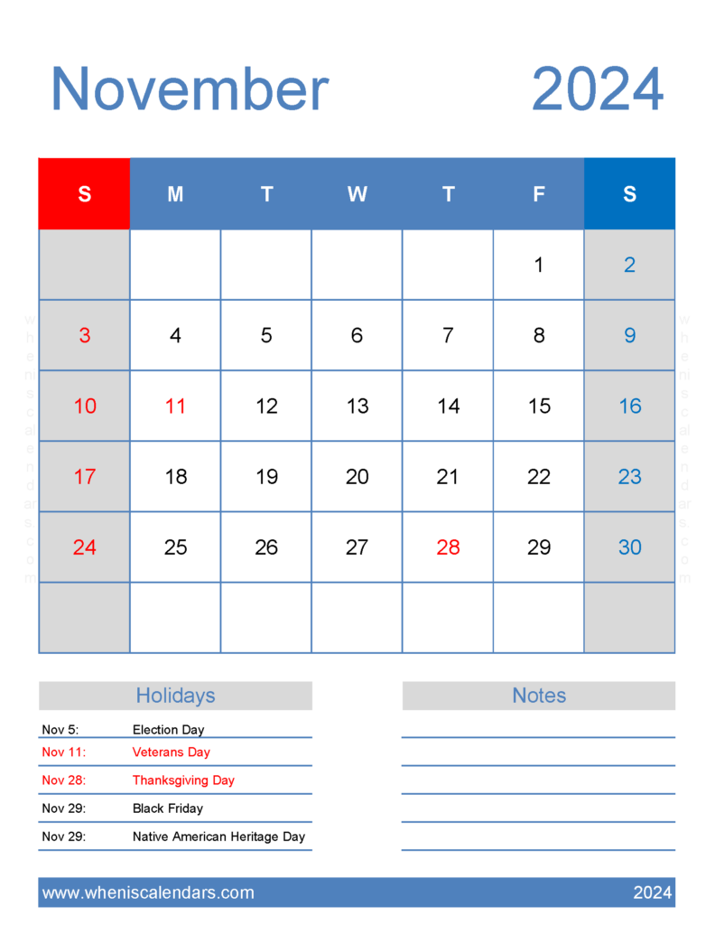 Download excel Calendar November 2024 Letter Vertical 114186