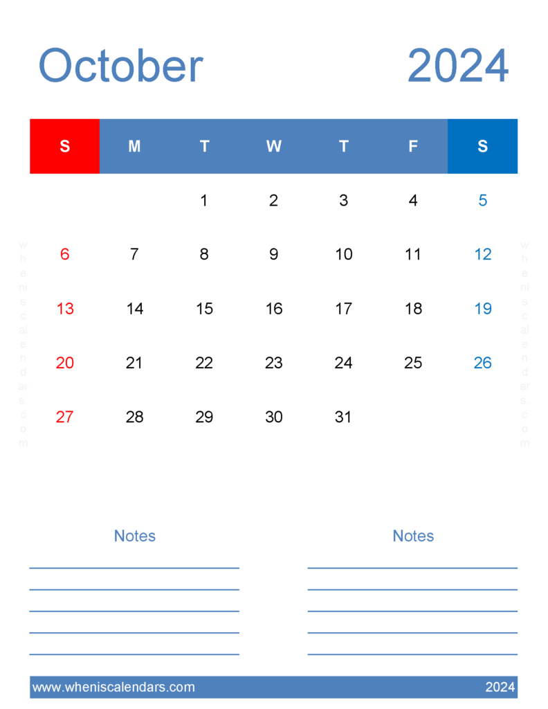 Download Oct 2024 editable Calendar Letter Vertical 104267