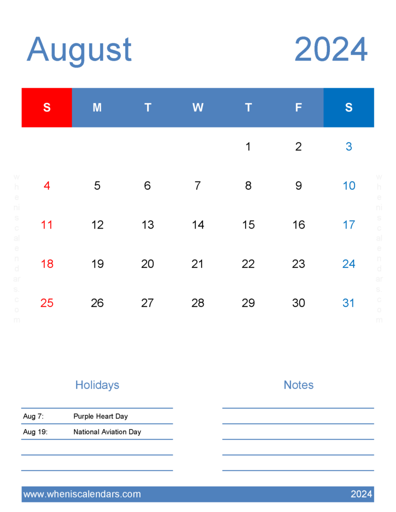 Download editable August Calendar 2024 Letter Vertical 84187