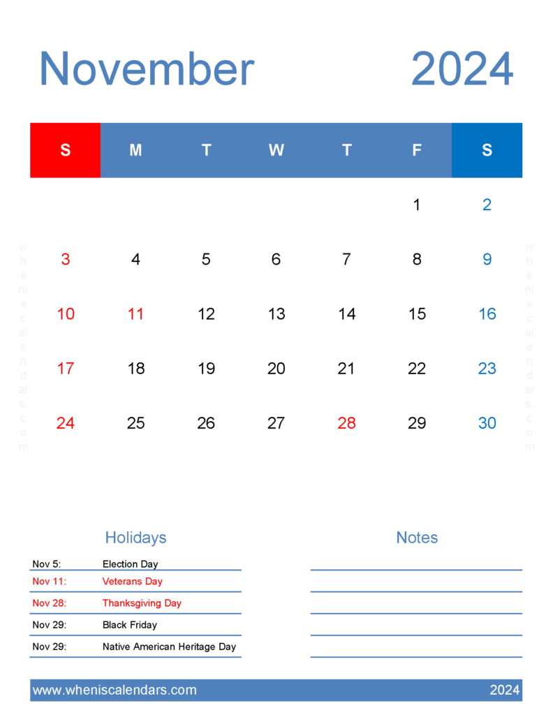 Download editable November Calendar 2024 Letter Vertical 114187