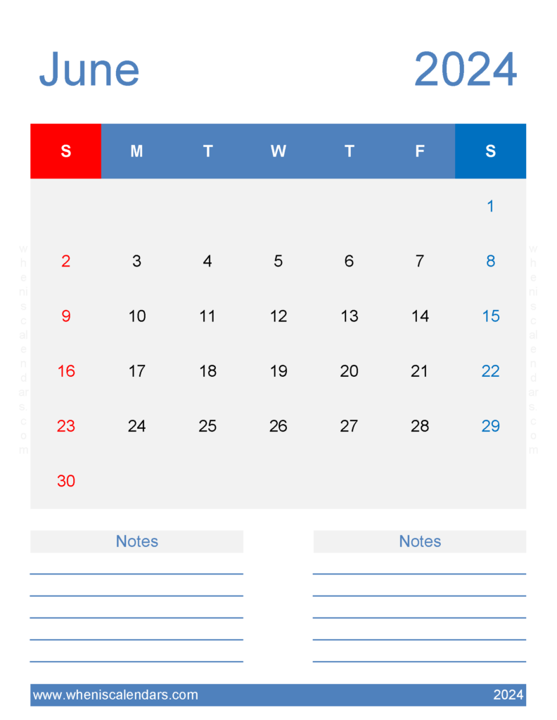 Download Free print June 2024 Calendar Letter Vertical 64268