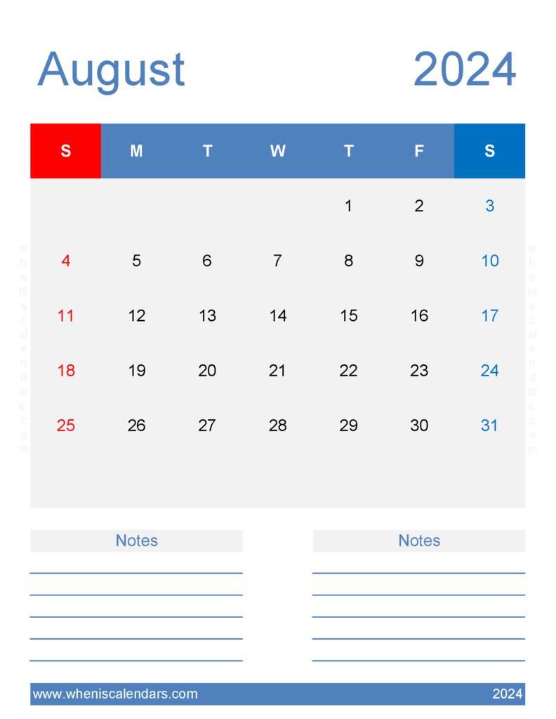 Download Free print August 2024 Calendar Letter Vertical 84268