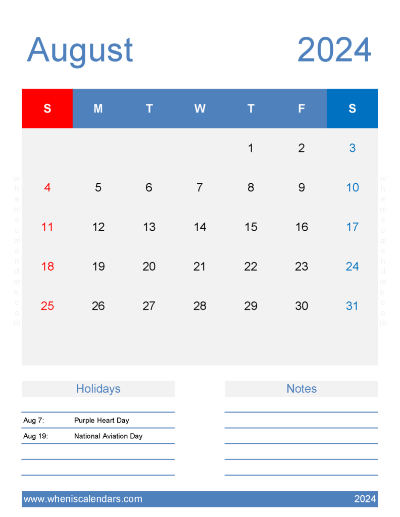 Download Free Printable August 2024 Calendar Letter Vertical 84188