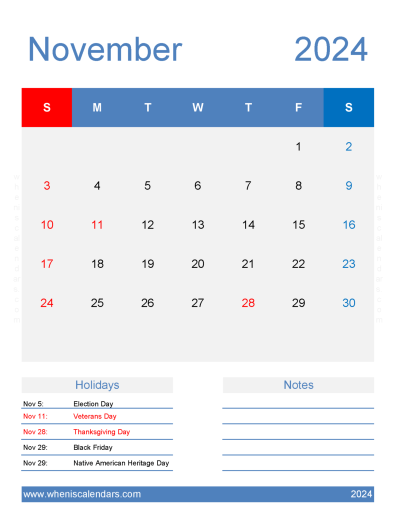 Download Free Printable November 2024 Calendar Letter Vertical 114188