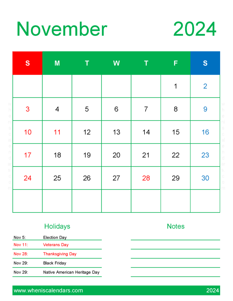 Download Blank Calendar page November 2024 Letter Vertical 114189