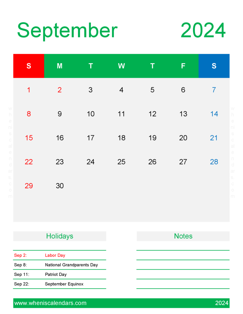 Download print Calendar Sept 2024 Letter Vertical 94192