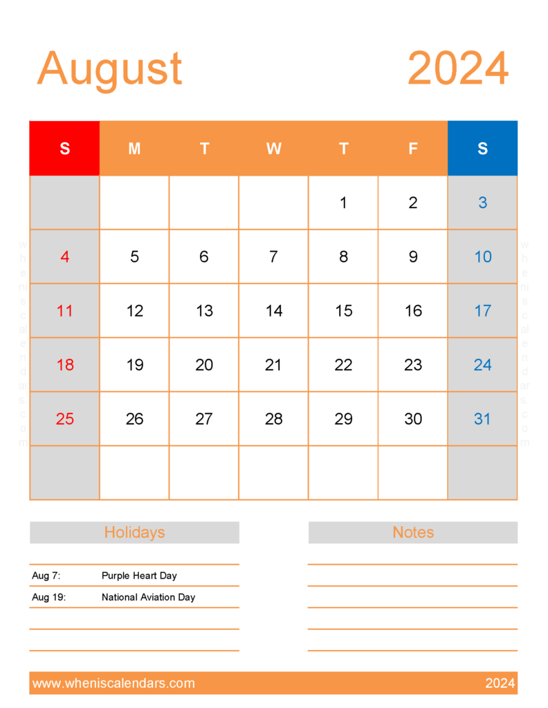 Download August 2024 Free Calendar Printable Letter Vertical 84194