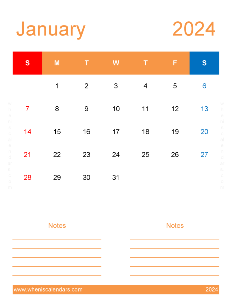 Download print Blank January 2024 Calendar Letter Vertical J4275