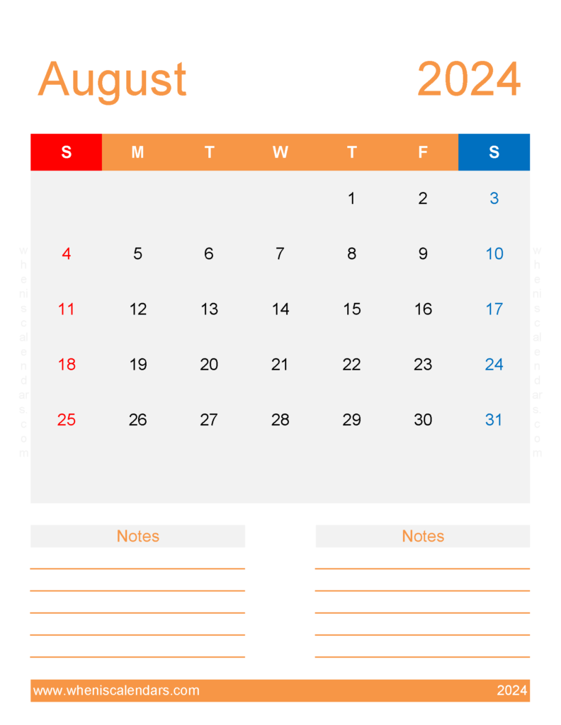 Download Template Calendar August 2024 Letter Vertical 84276