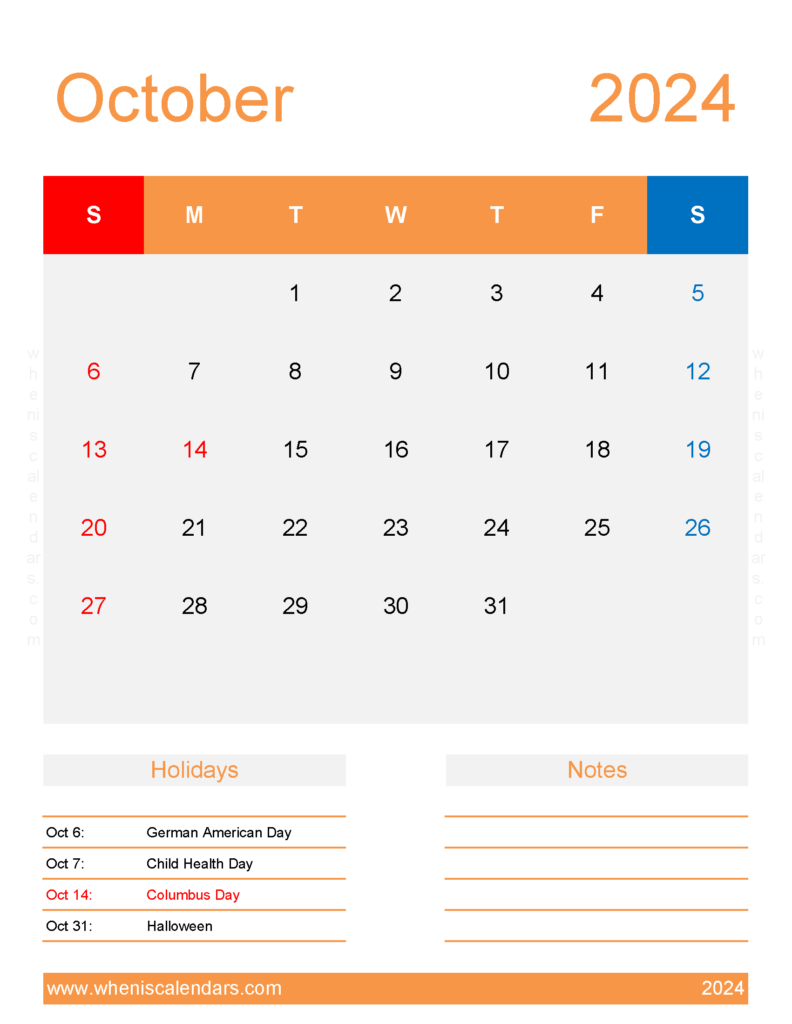 Download October 2024 weekly Calendar Printable Letter Vertical 104196