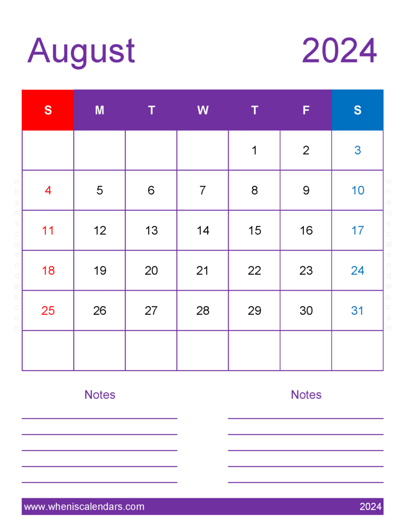 Download Blank August 2024 Calendar Template Letter Vertical 84277