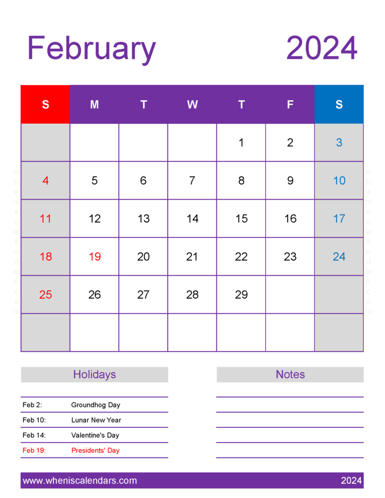 Download print Calendar for February 2024 Letter Vertical 24198