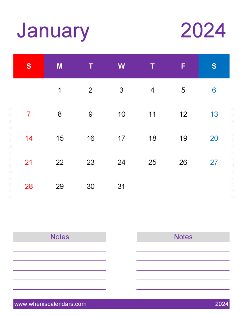 Download PrintableJanuary 2024 Calendar Letter Vertical J4279