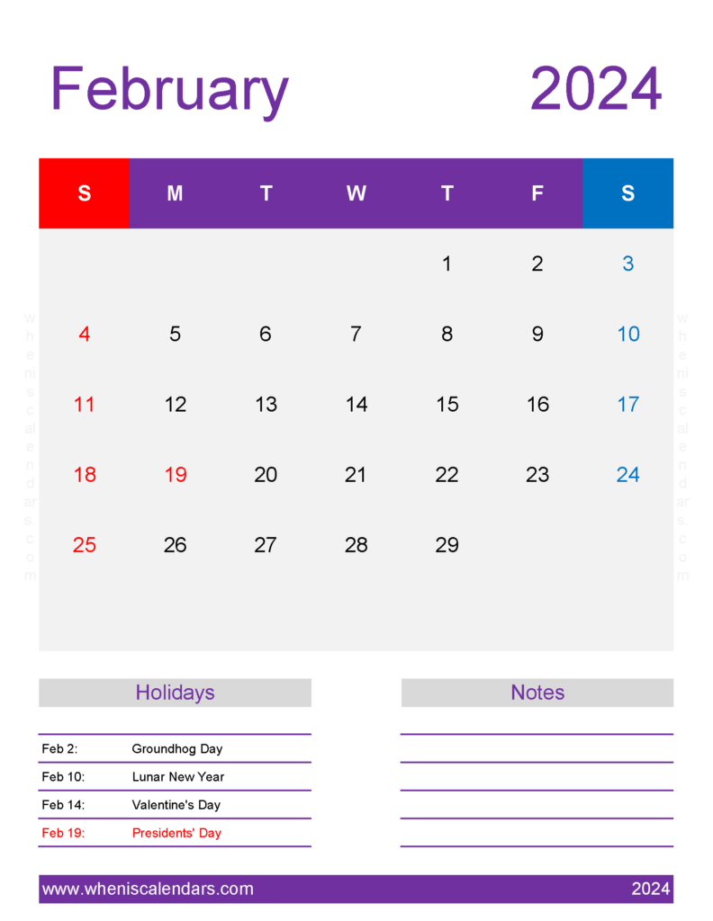 Download February 2024 Calendar Editable Letter Vertical 24199