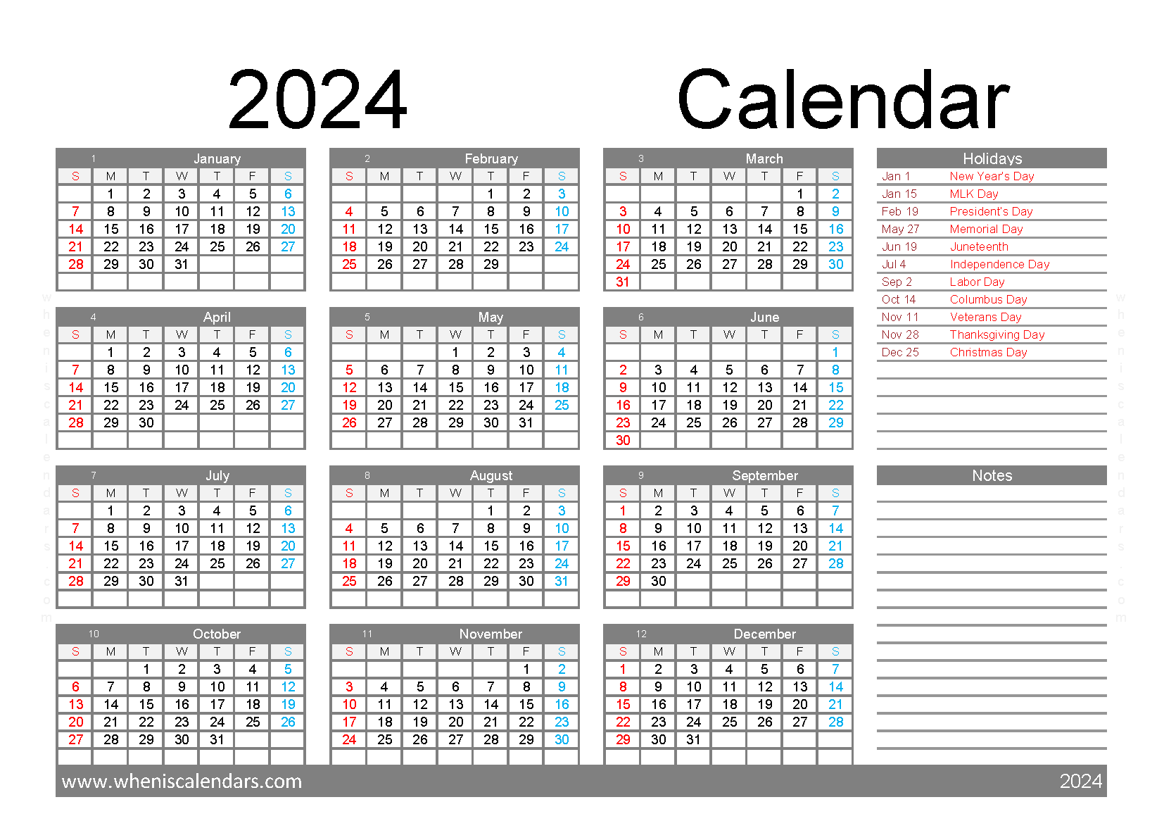 Download Printable Calendar 2024 Free A5 Horizontal (24Y045)