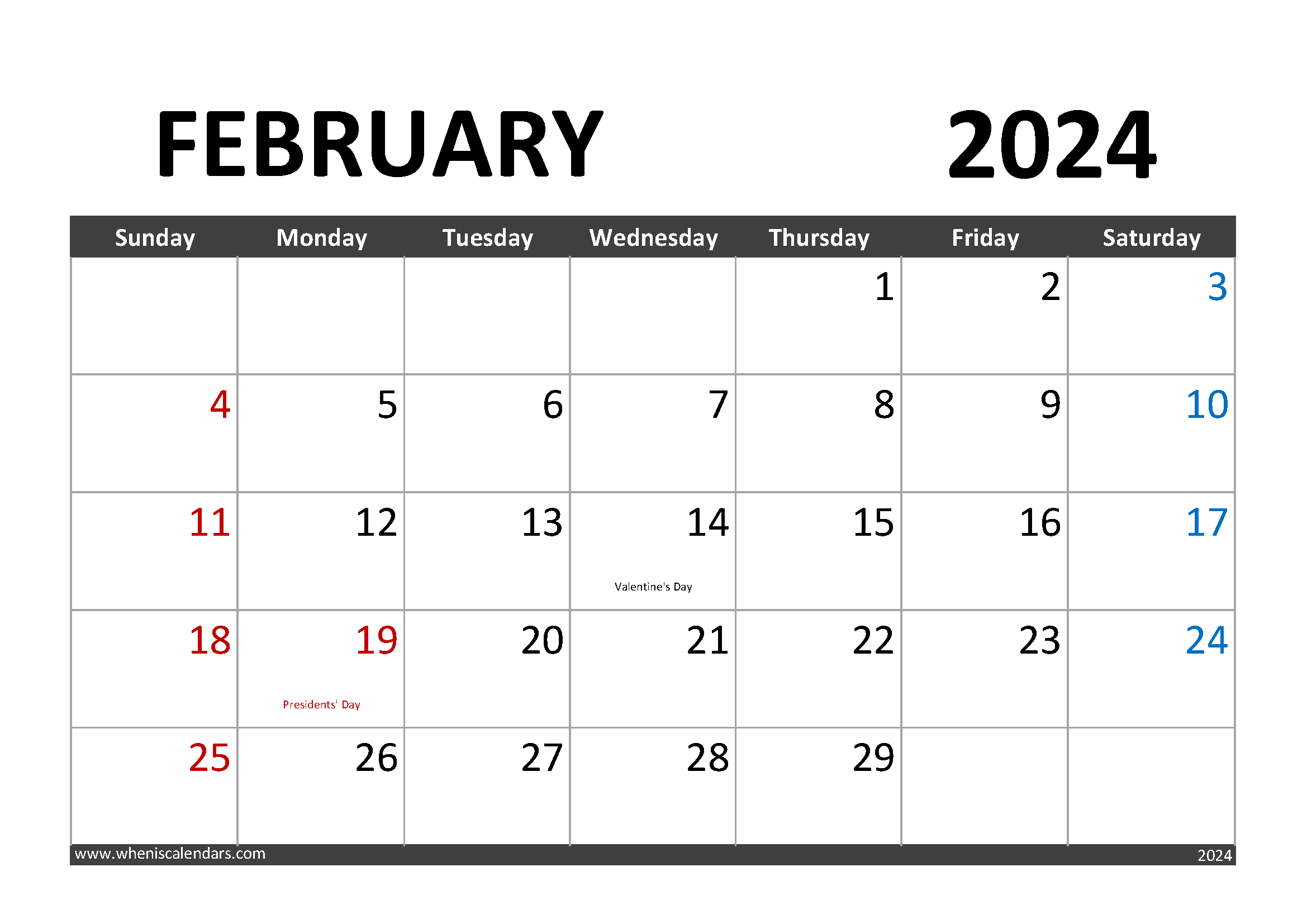 Printable February 2024 Calendar with Holidays F2001