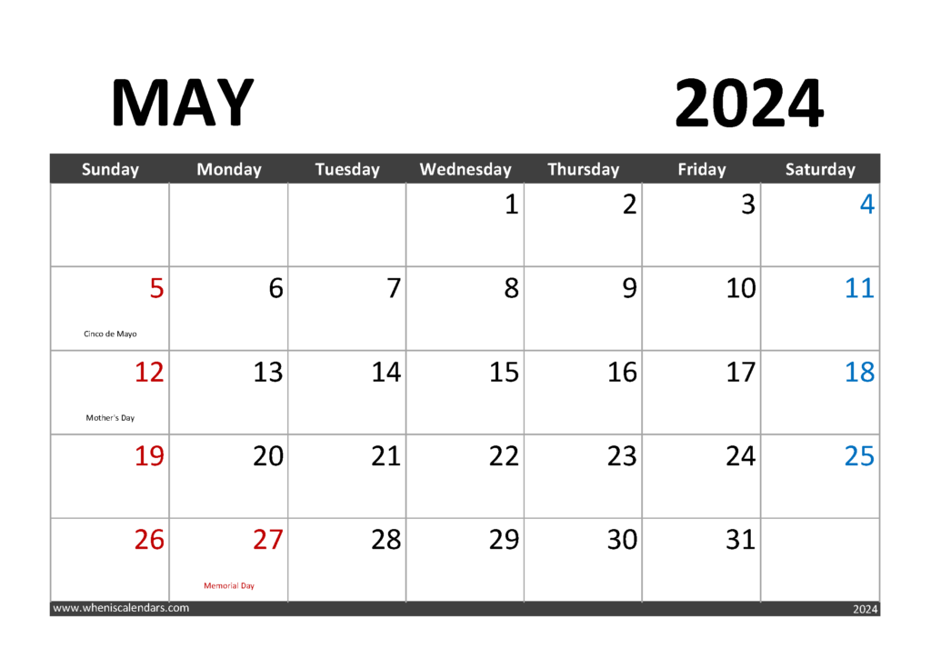 Printable May 2024 Calendar With Holidays M5001