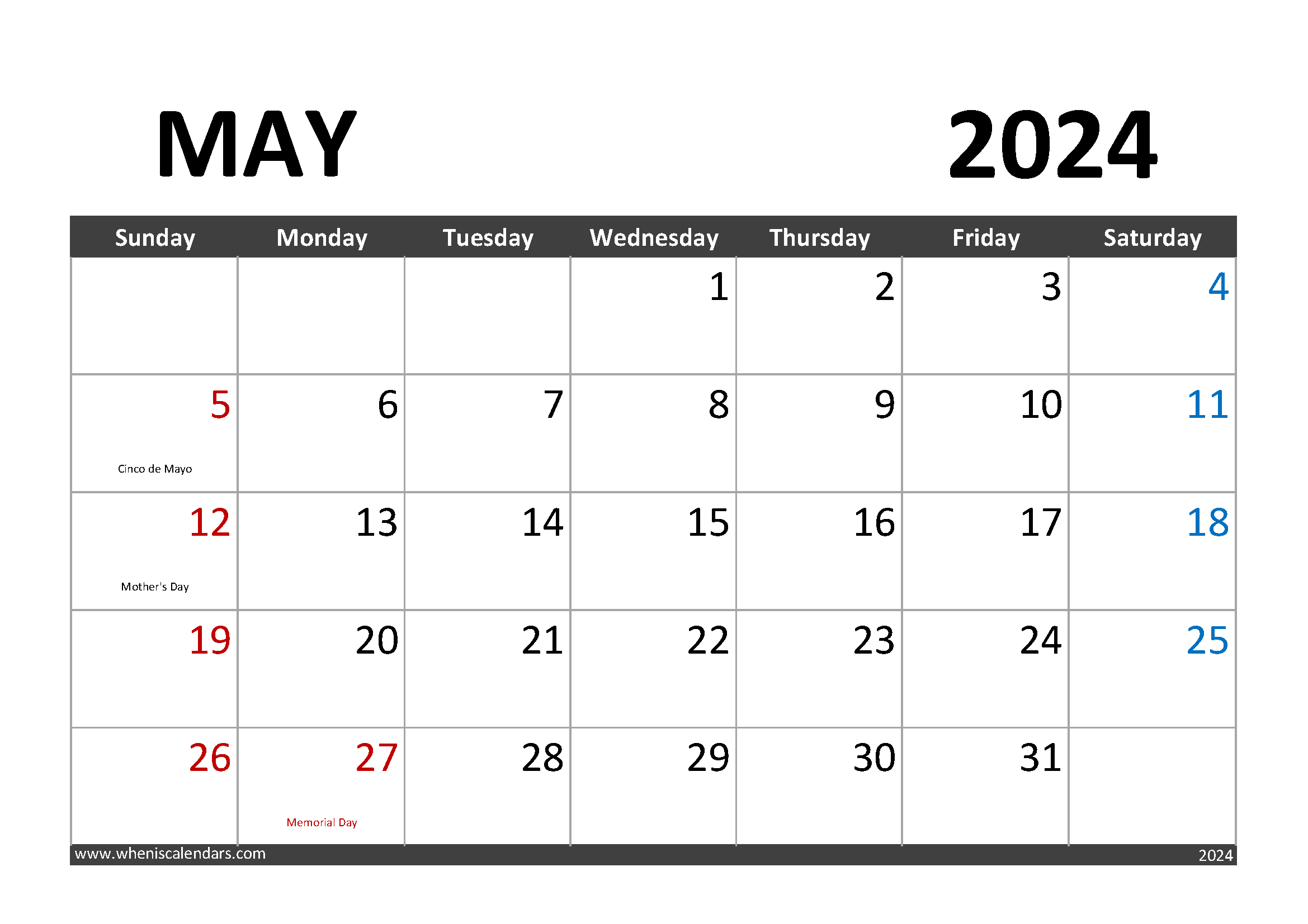 Download Printable May 2024 Calendar with Holidays A4 Horizontal 54001