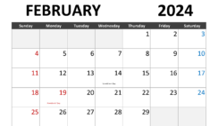 Calendar February 2024 Print F2283