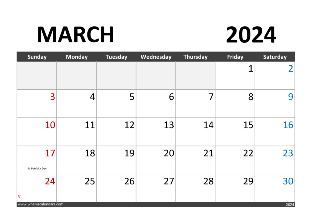 March 2024 Calendar Printable M3003