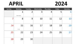 Calendar April 2024 Print A4283