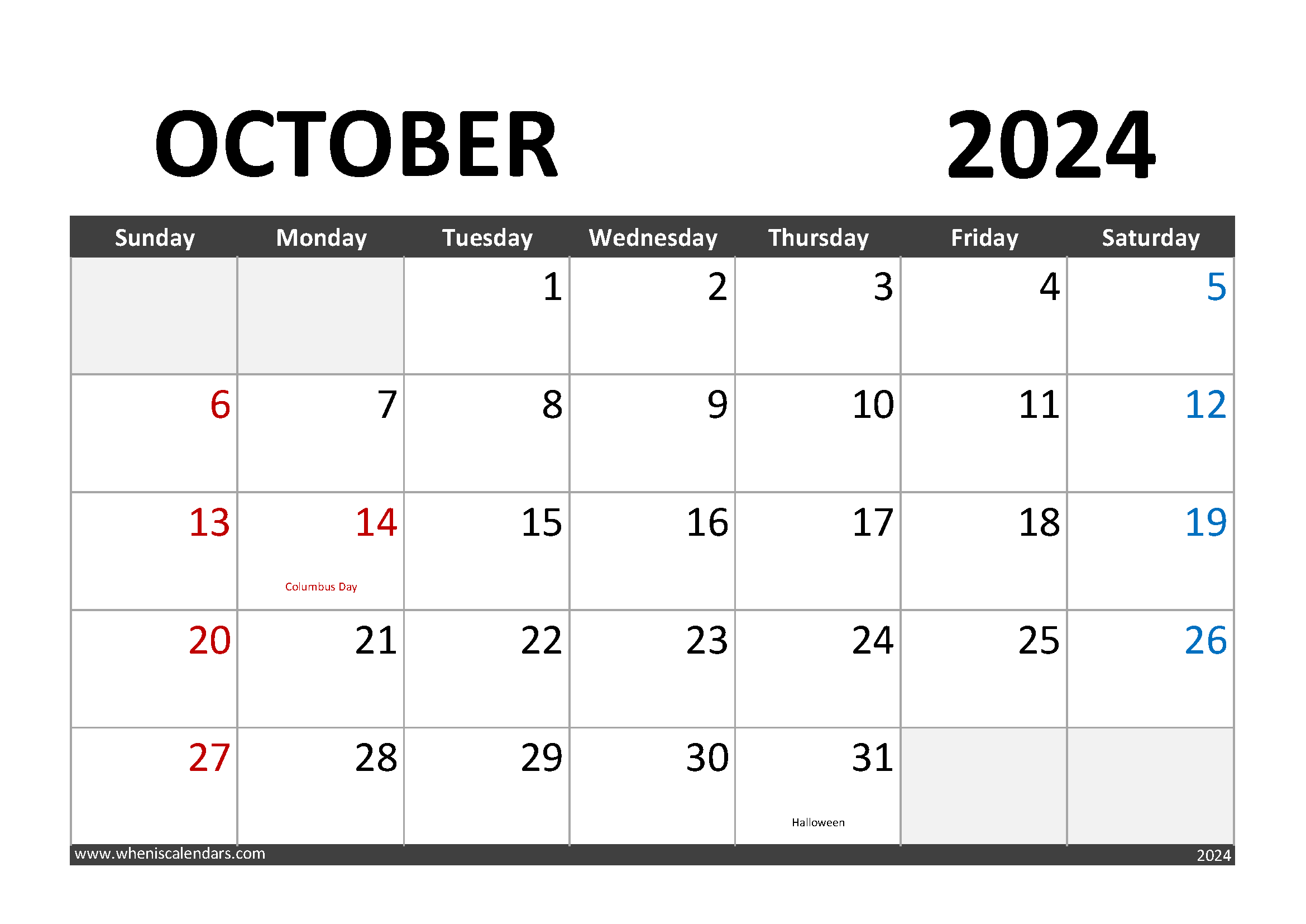 Calendar October 2024 Print O1283