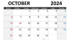 October Calendar 2024 Blank O1284