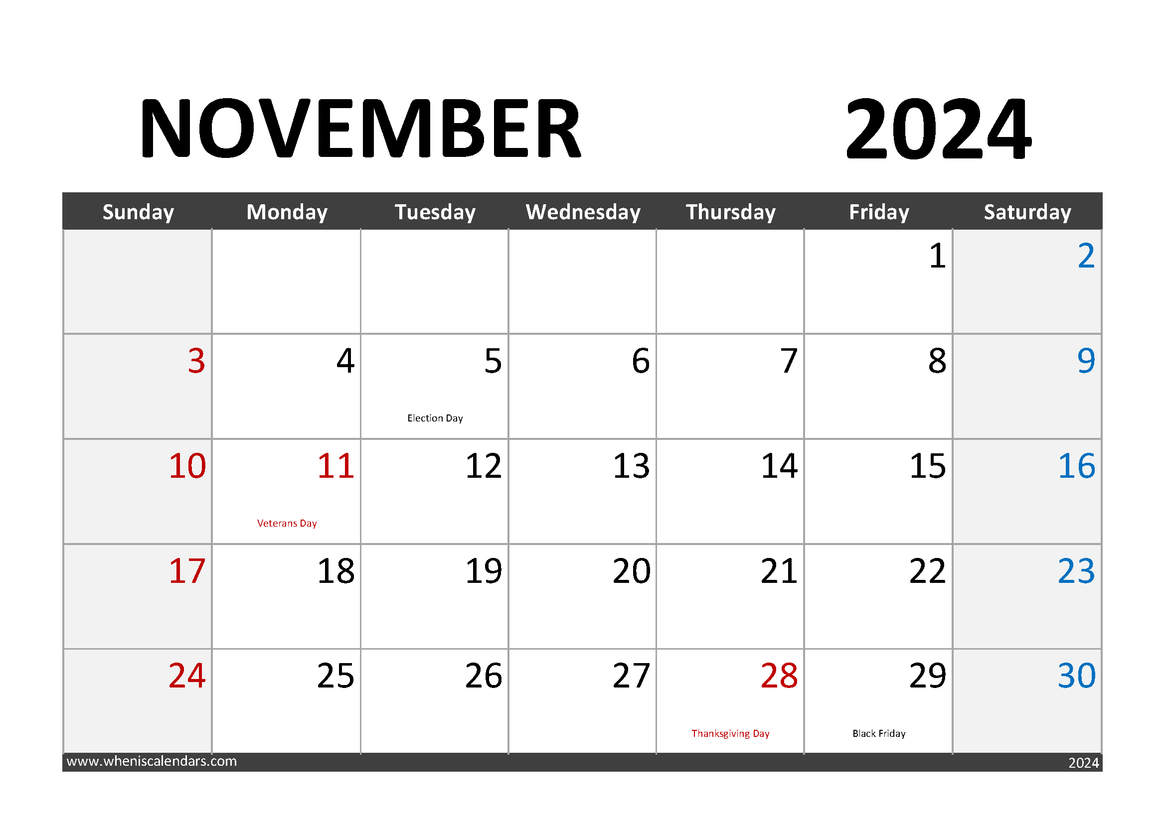 Download November 2024 Calendar with Holidays A4 Horizontal 114004