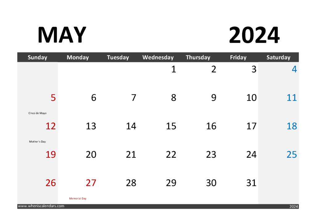 Download Calendar May 2024 Printable A4 Horizontal 54005