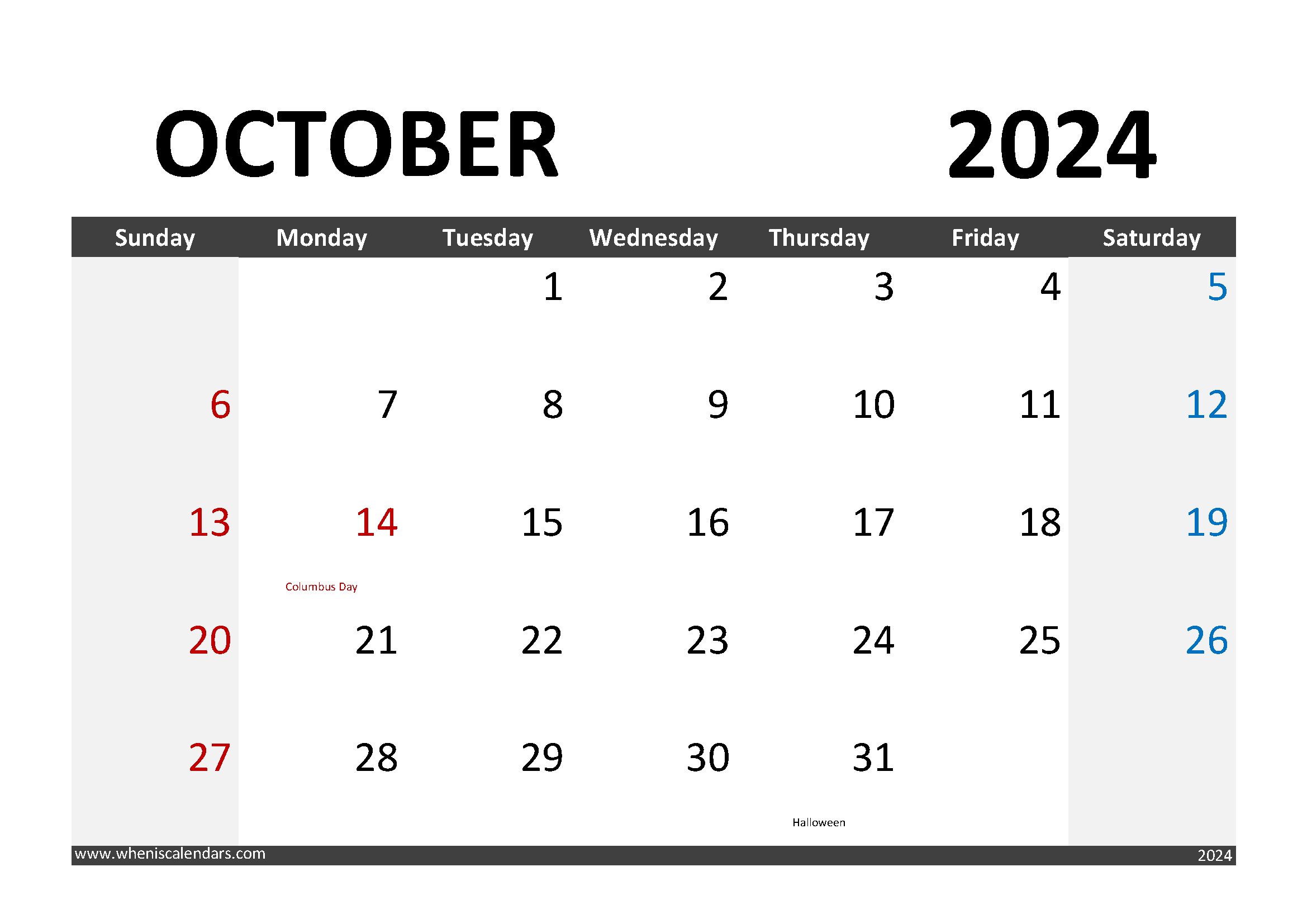 Download October 2024 Calendar Printable A4 Horizontal 104003