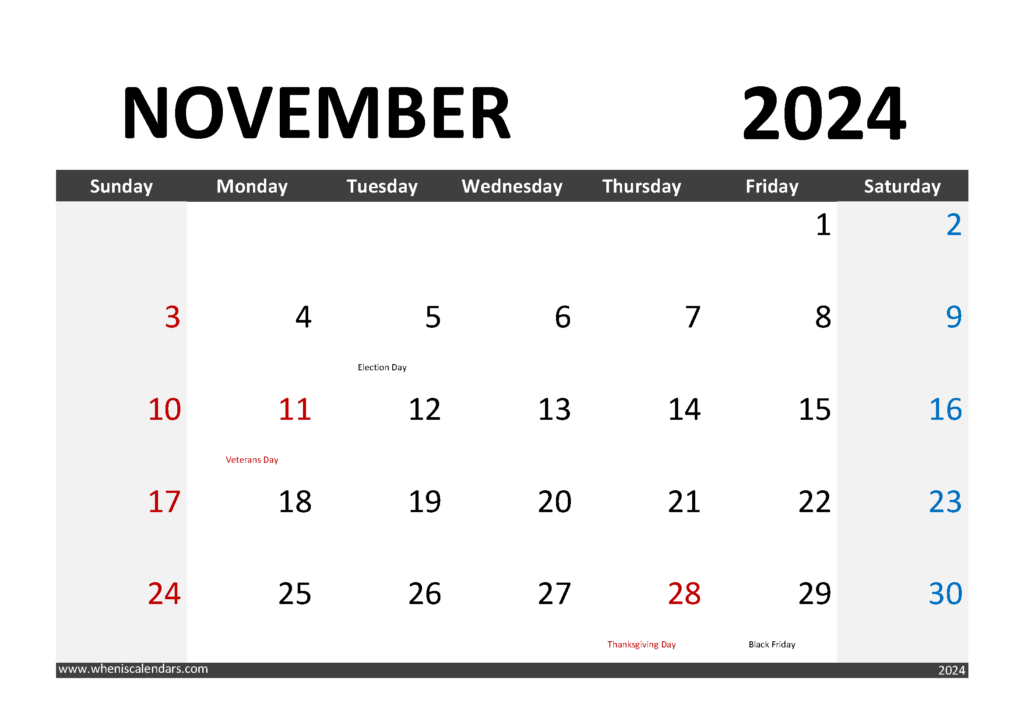 Download Calendar November 2024 Printable A4 Horizontal 114005