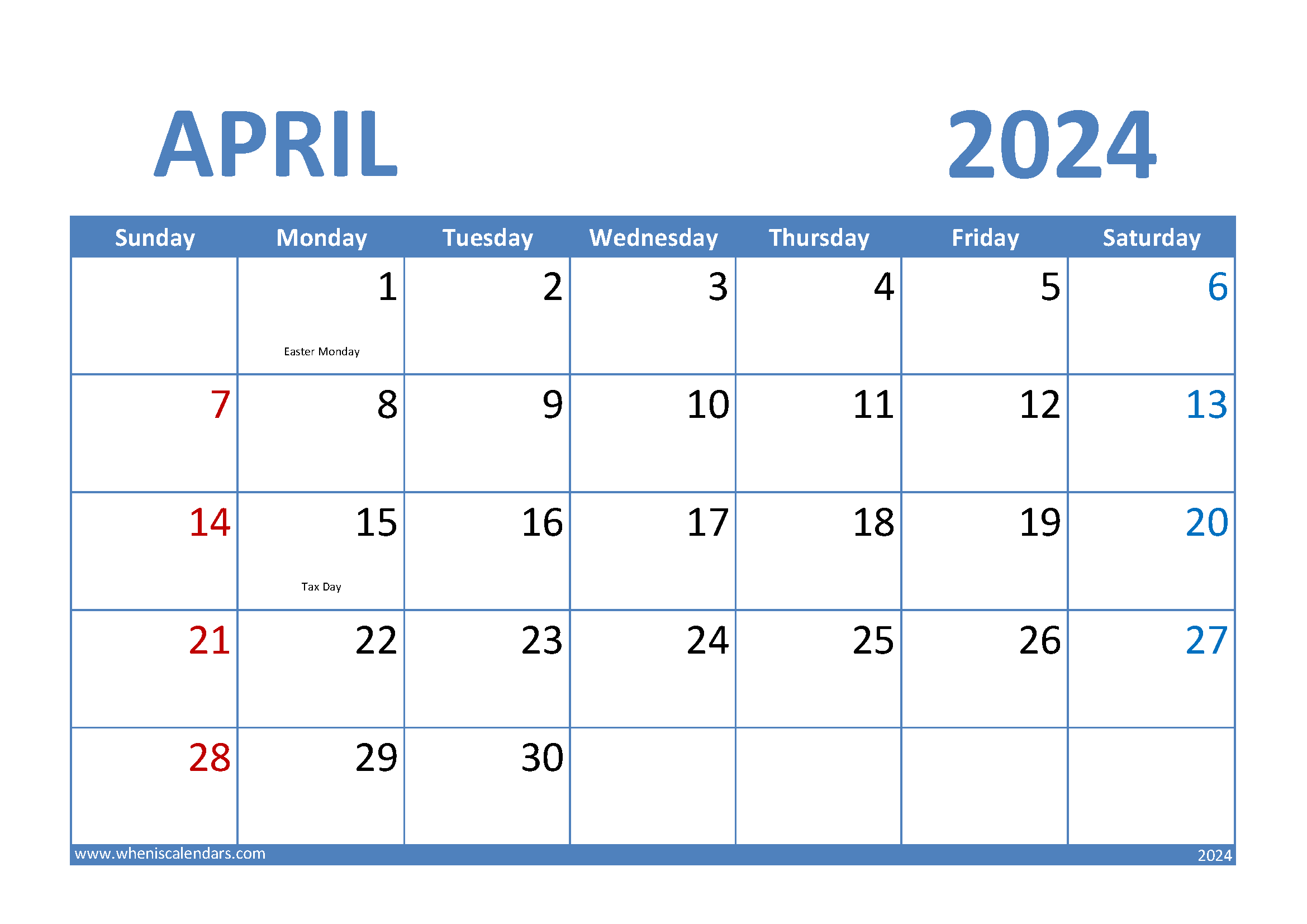 Download April 2024 Calendar excel A4 Horizontal 44006