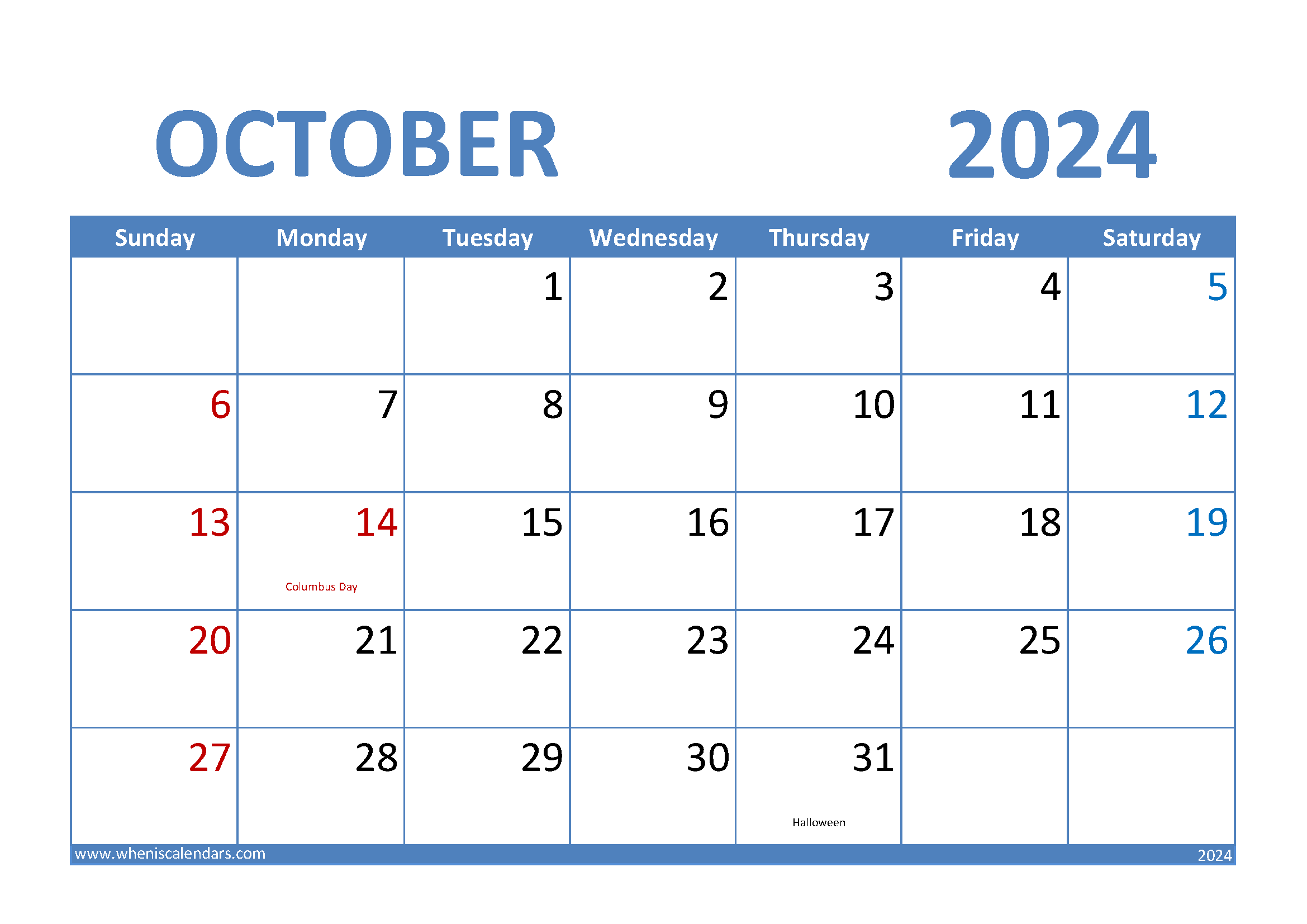 Download Calendar October 2024 Printable A4 Horizontal 104005