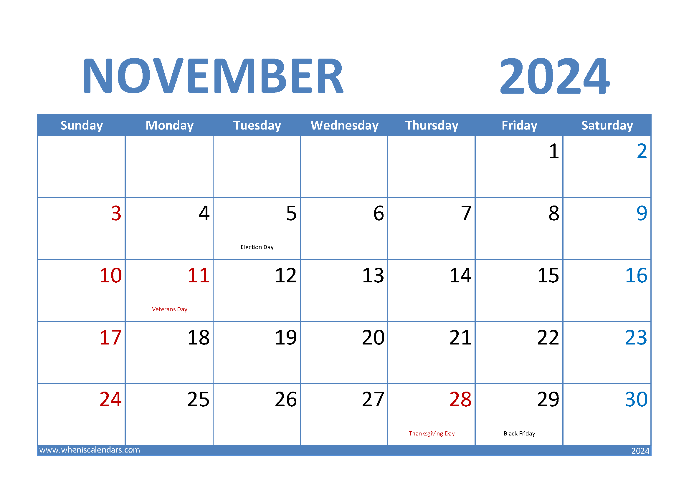 Download November 2024 Calendar excel A4 Horizontal 114006