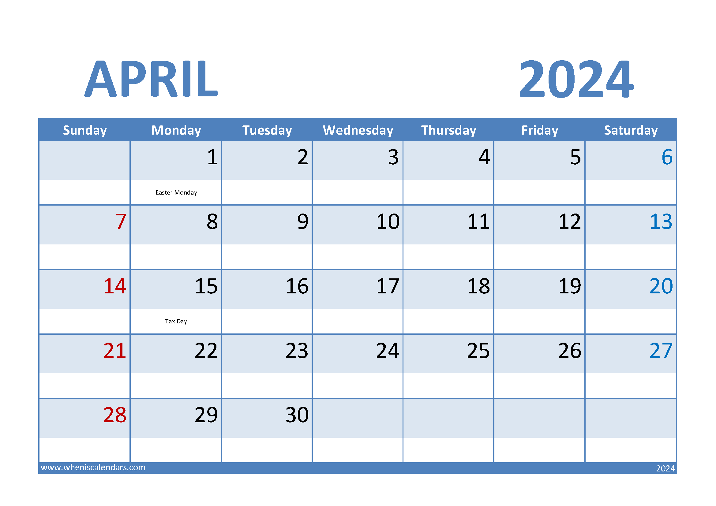 Download Free April 2024 Calendar Printable A4 Horizontal 44007