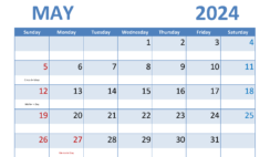 Blank Calendar Template May 2024 Printable M5287