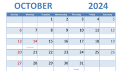 Blank Calendar Template October 2024 Printable O1287