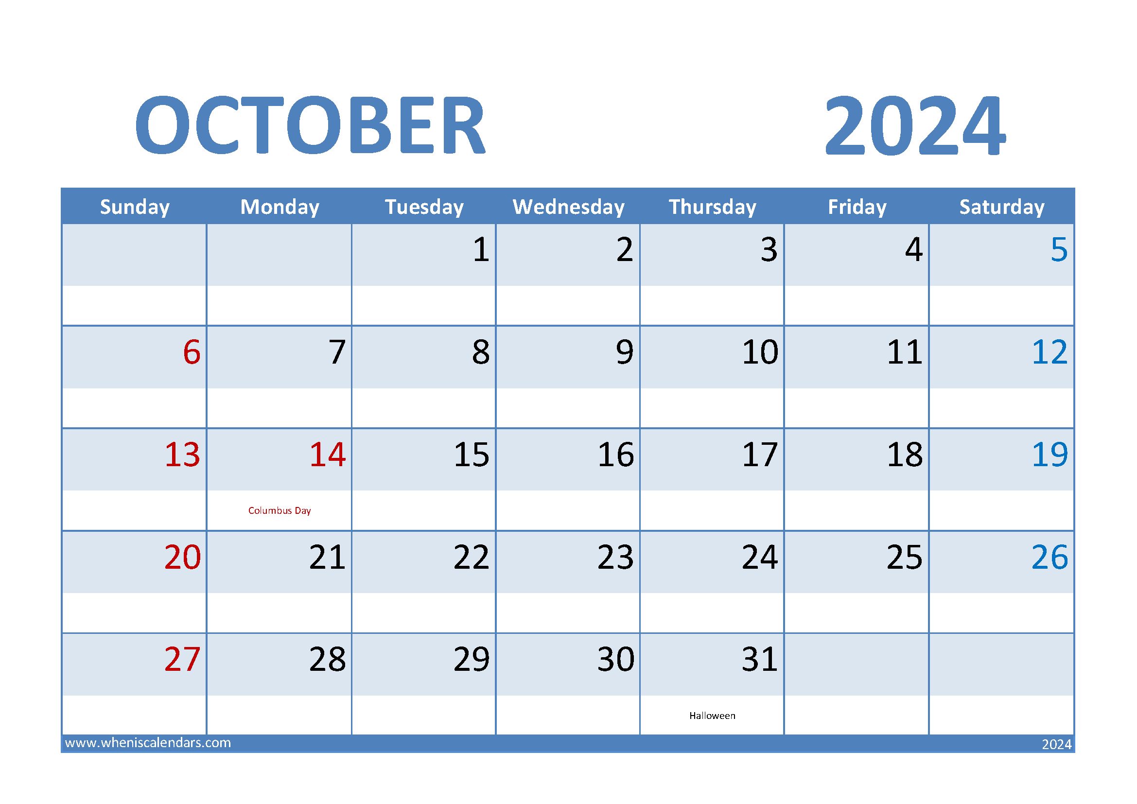 Download Calendar October 2024 Printable A4 Horizontal 104005