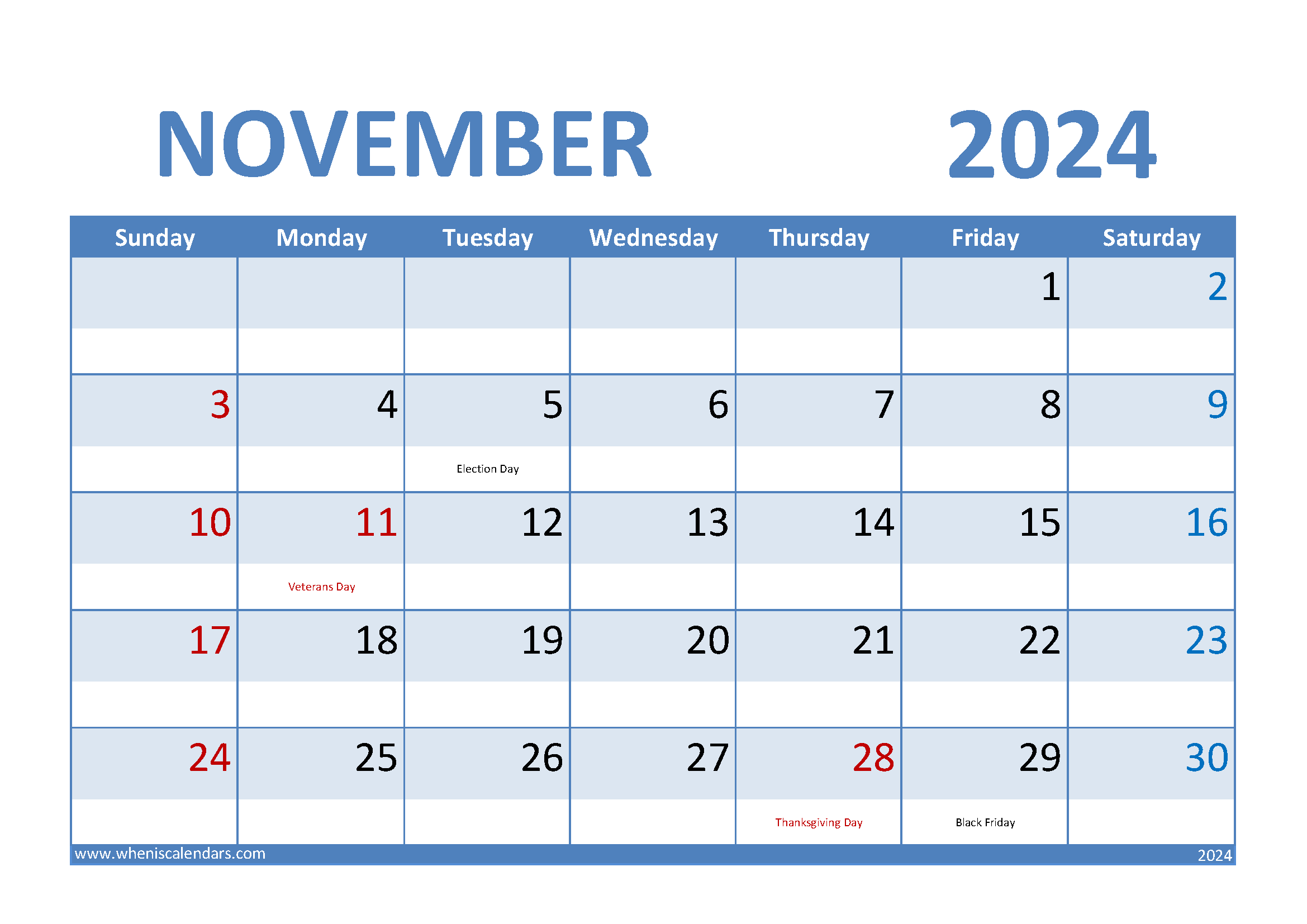 Download Free November 2024 Calendar Printable A4 Horizontal 114007