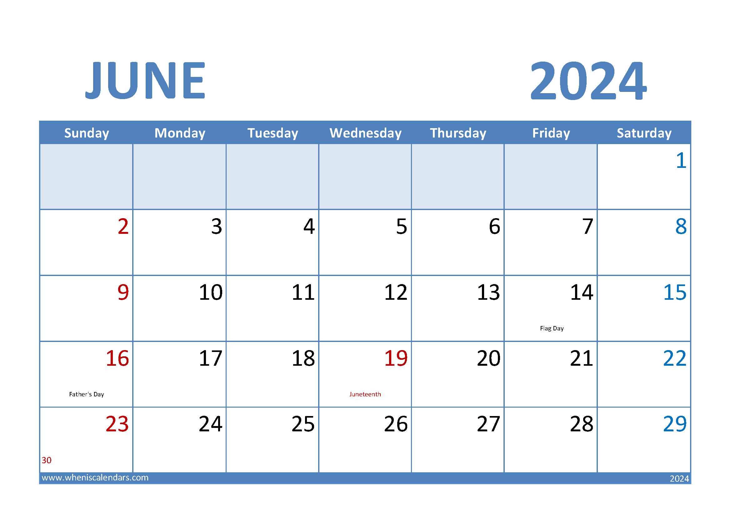 Download June 2024 Calendar Excel A4 Horizontal 64006