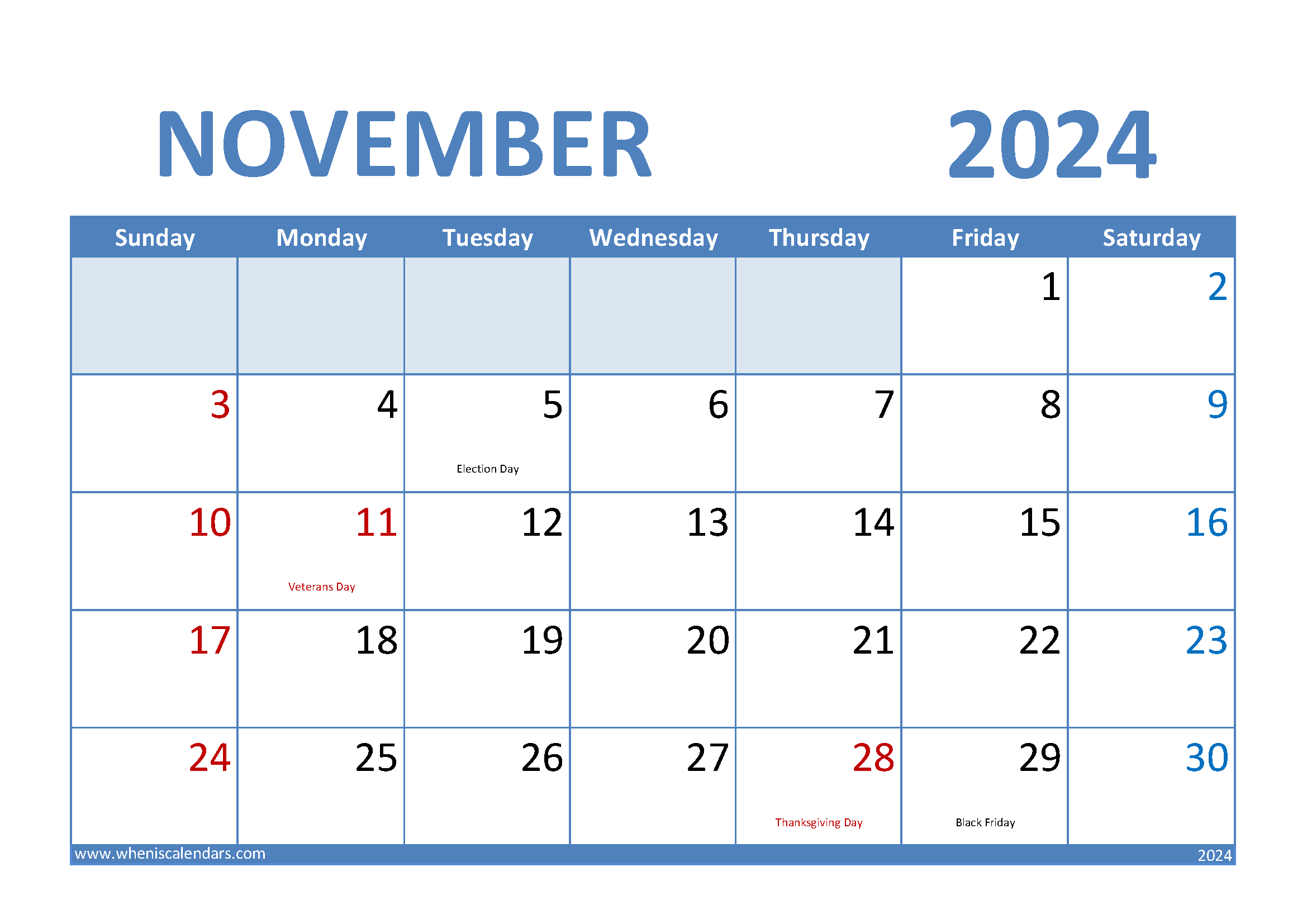 Download Blank November 2024 Calendar A4 Horizontal 114008