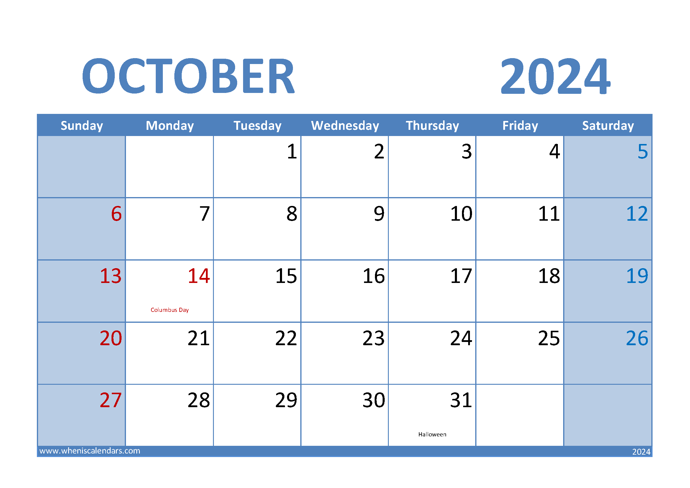 Download October 2024 Calendar A4 A4 Horizontal 104009