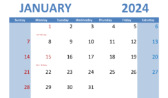 Download January 2024 Calendar landscape A4 Horizontal J4010